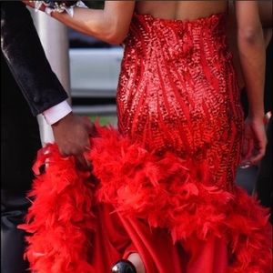 RED PROM DRESS WITH FEATHERS